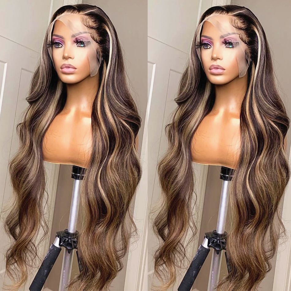 13x4 13x6 Hd Highlight Wigs Human Hair Body Wave Frontal Wig Brazilian Brown Honey Blonde Lace Front Wig For Women 30 36 Inch