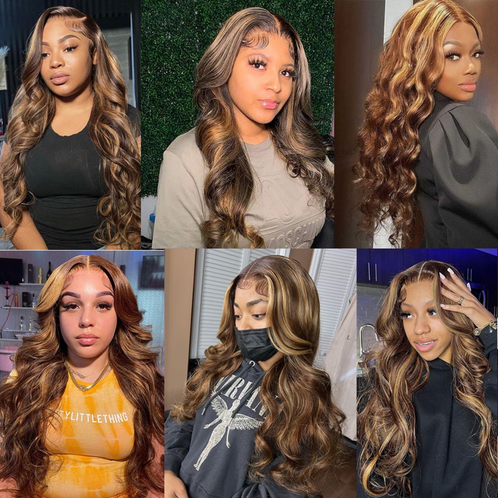 13x4 13x6 Hd Highlight Wigs Human Hair Body Wave Frontal Wig Brazilian Brown Honey Blonde Lace Front Wig For Women 30 36 Inch